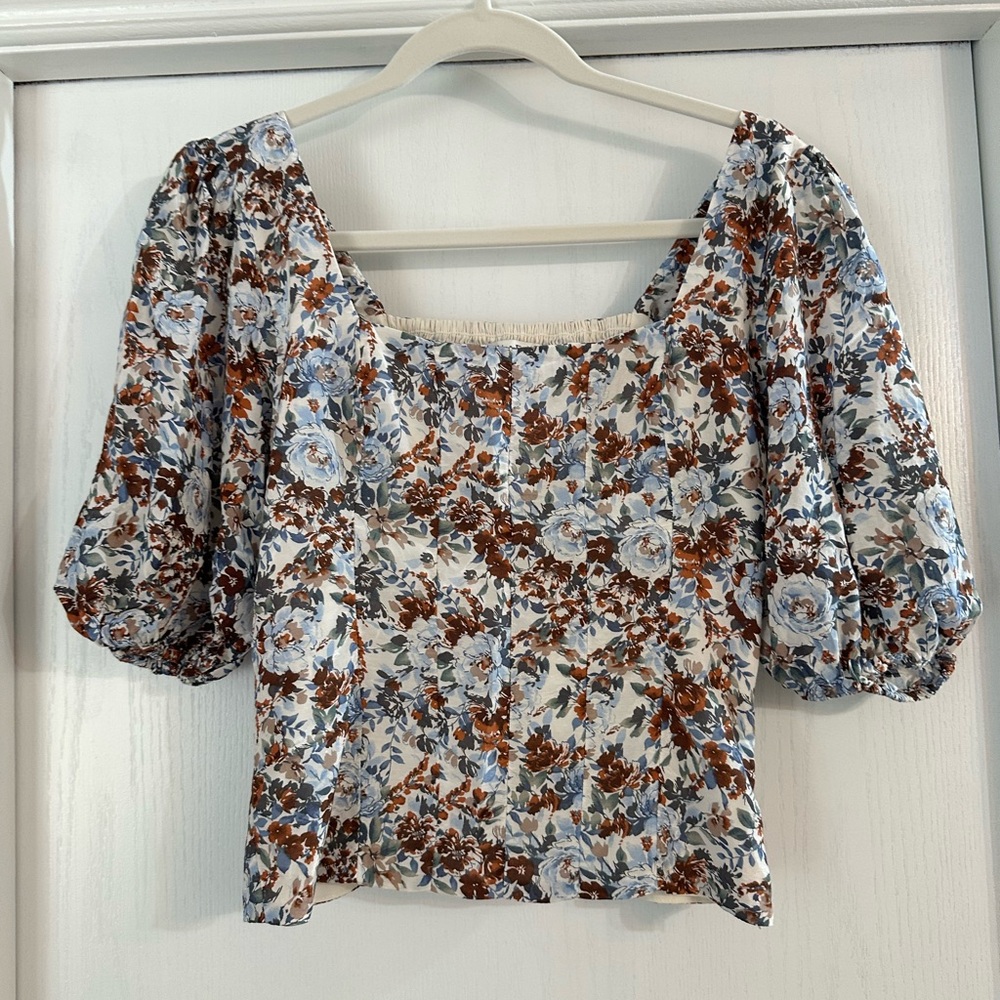 Abercrombie & Fitch Blue and Brown Floral Puff Sleeve Square Neck Top